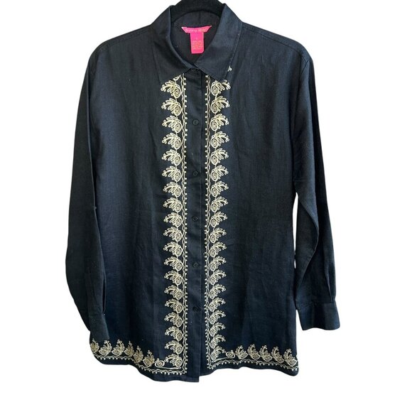 Sunny Leigh Vintage 100% Linen Black Embroidered Tunic Shirt Blouse Size Small - Picture 1 of 9